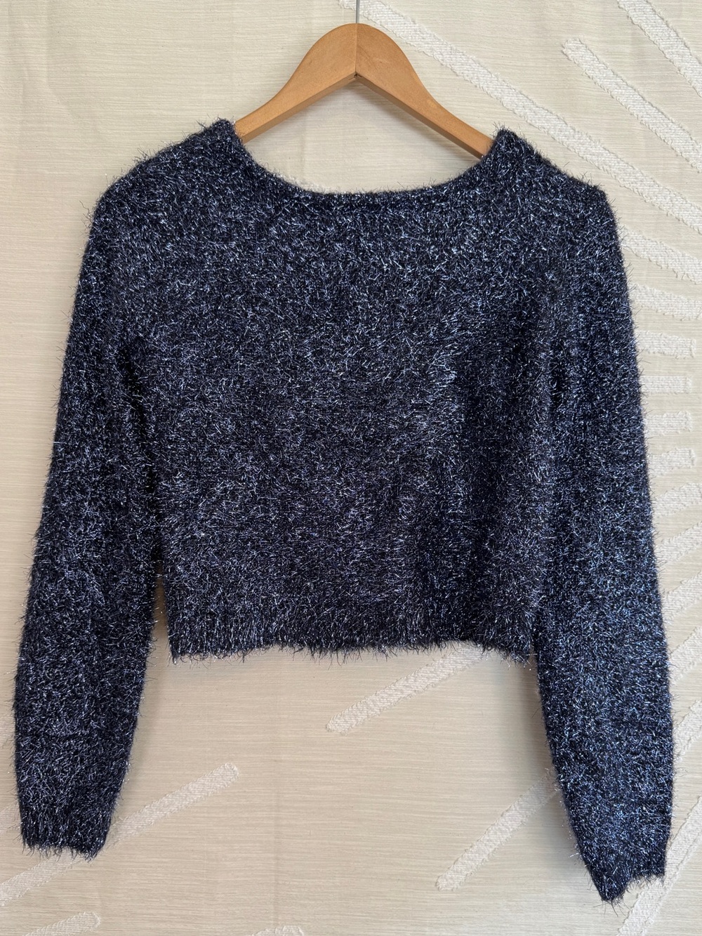 Anthropologie Women’s Small Eyelash Metallic Tie Back Cropped Sweater Navy Blue - Picture 2 of 9